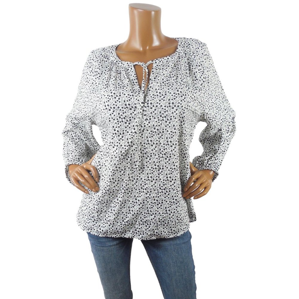 LOFT Top L New White/Black Floral Shirt Bohemian Tie Front Blouse Long Sleeves